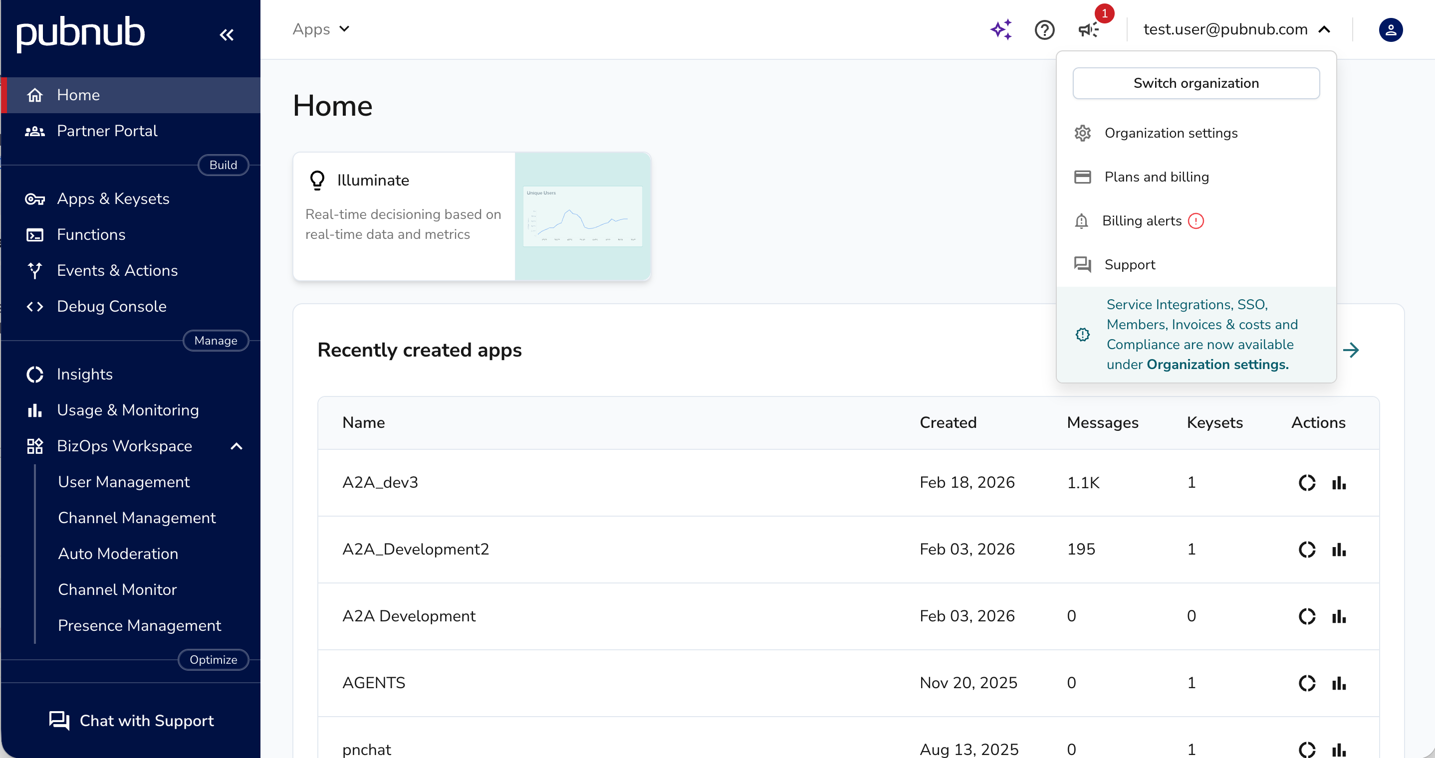 Admin Portal account dropdown menu