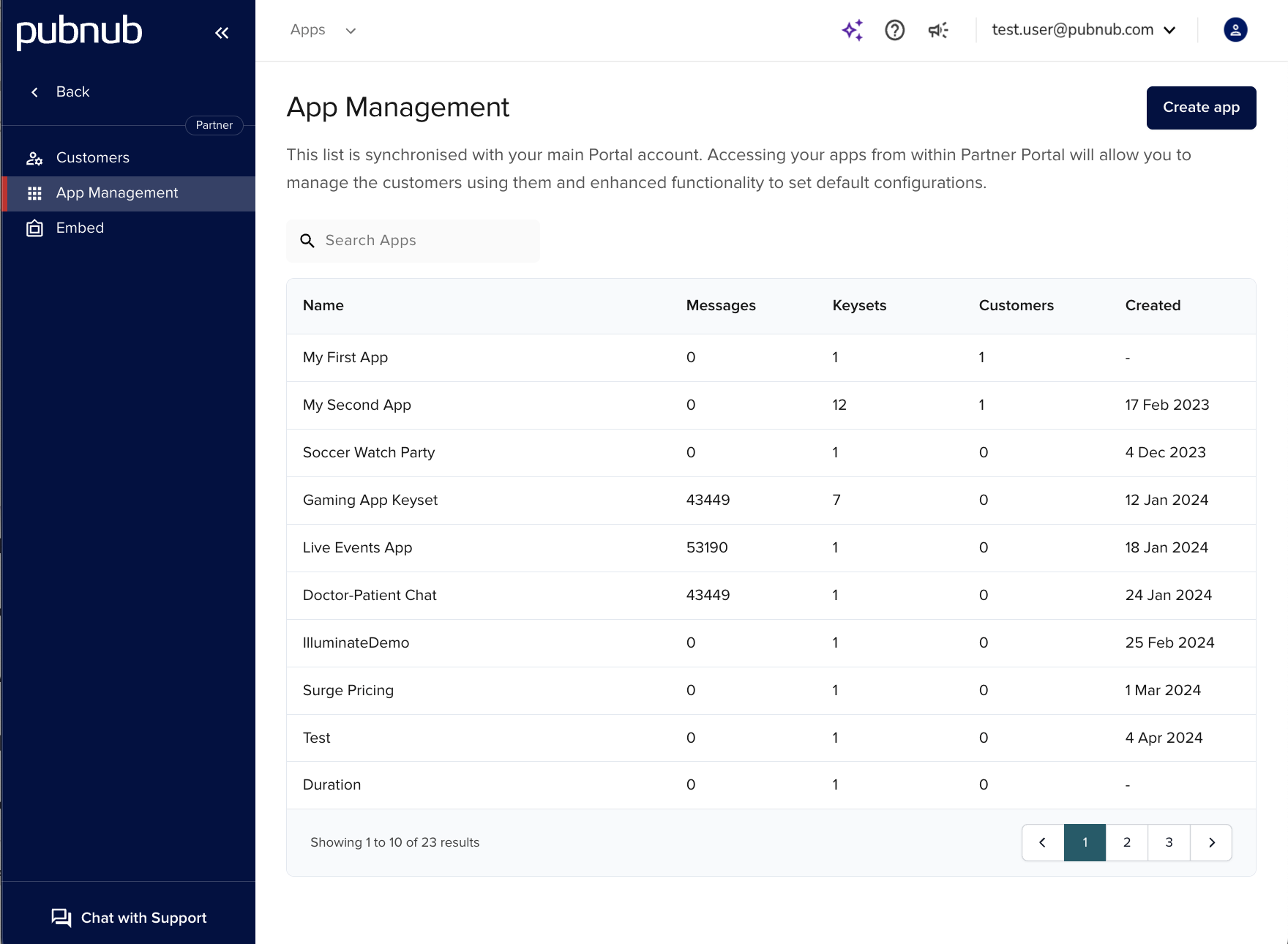 App Management page with create app controls