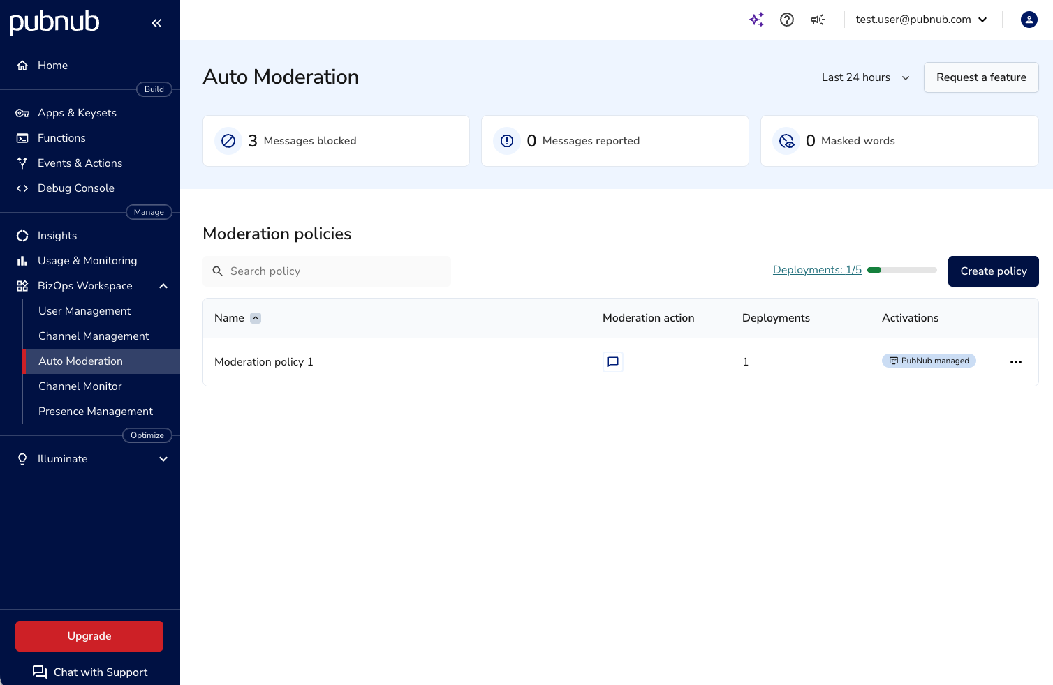 Auto Moderation module UI showing policy configuration for masking and spam detection