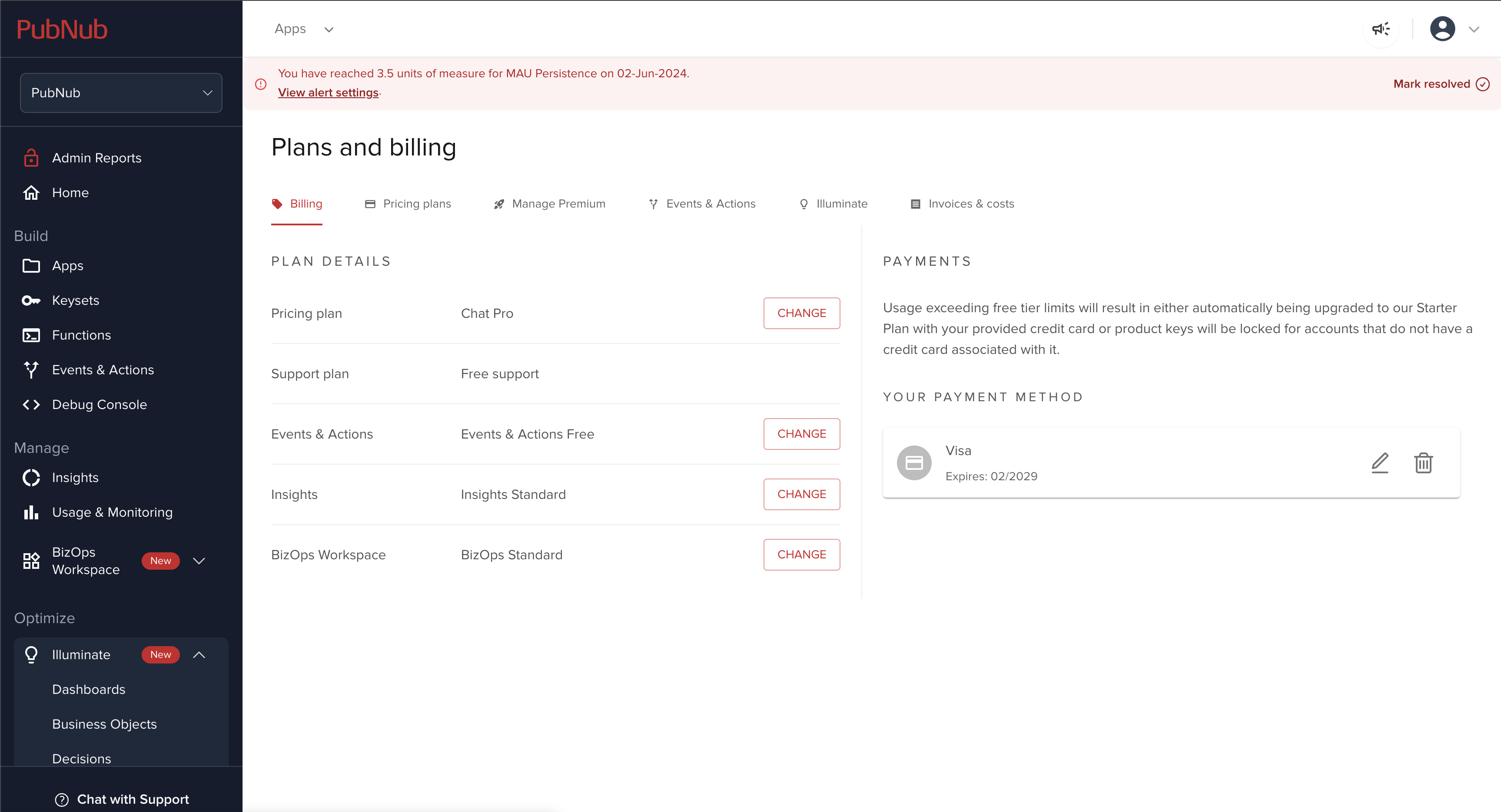 Billing alert notification on the Plans and billing page