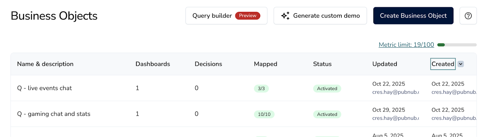Business Objects page with Query Builder
