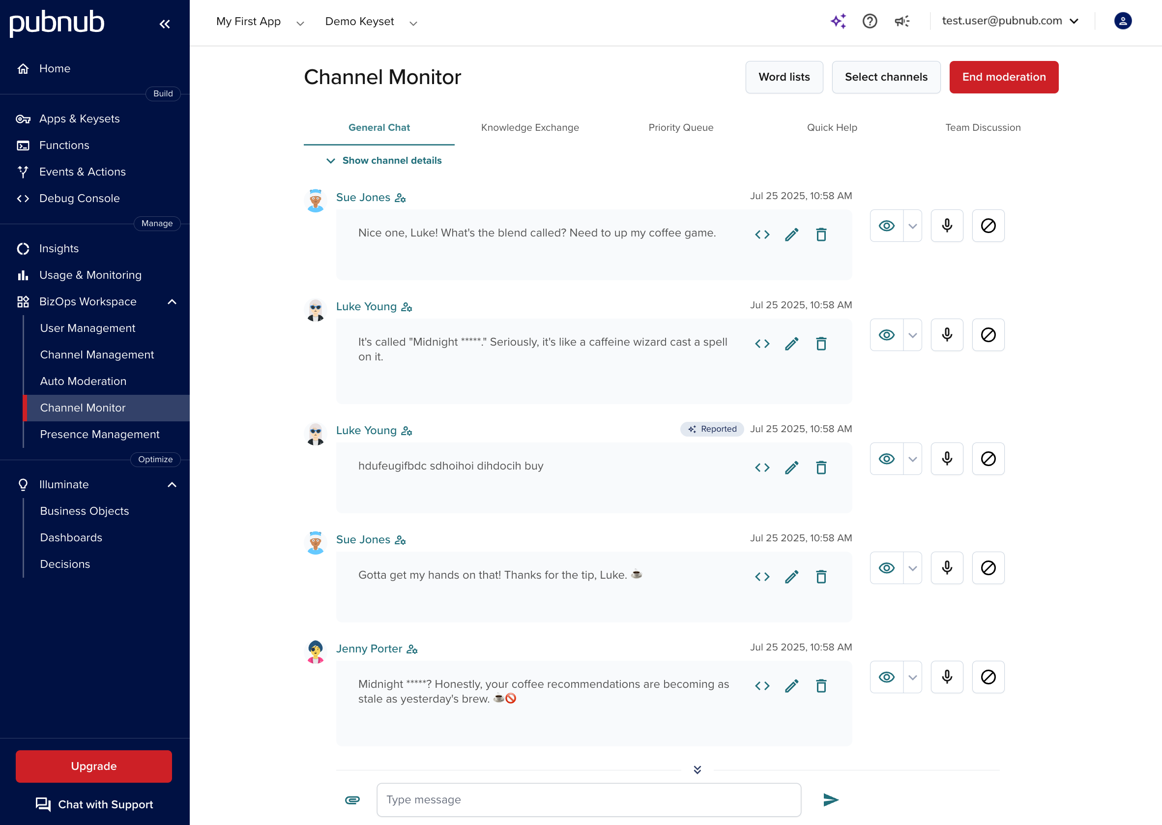 Channel Monitor module UI showing live conversation preview and moderation actions