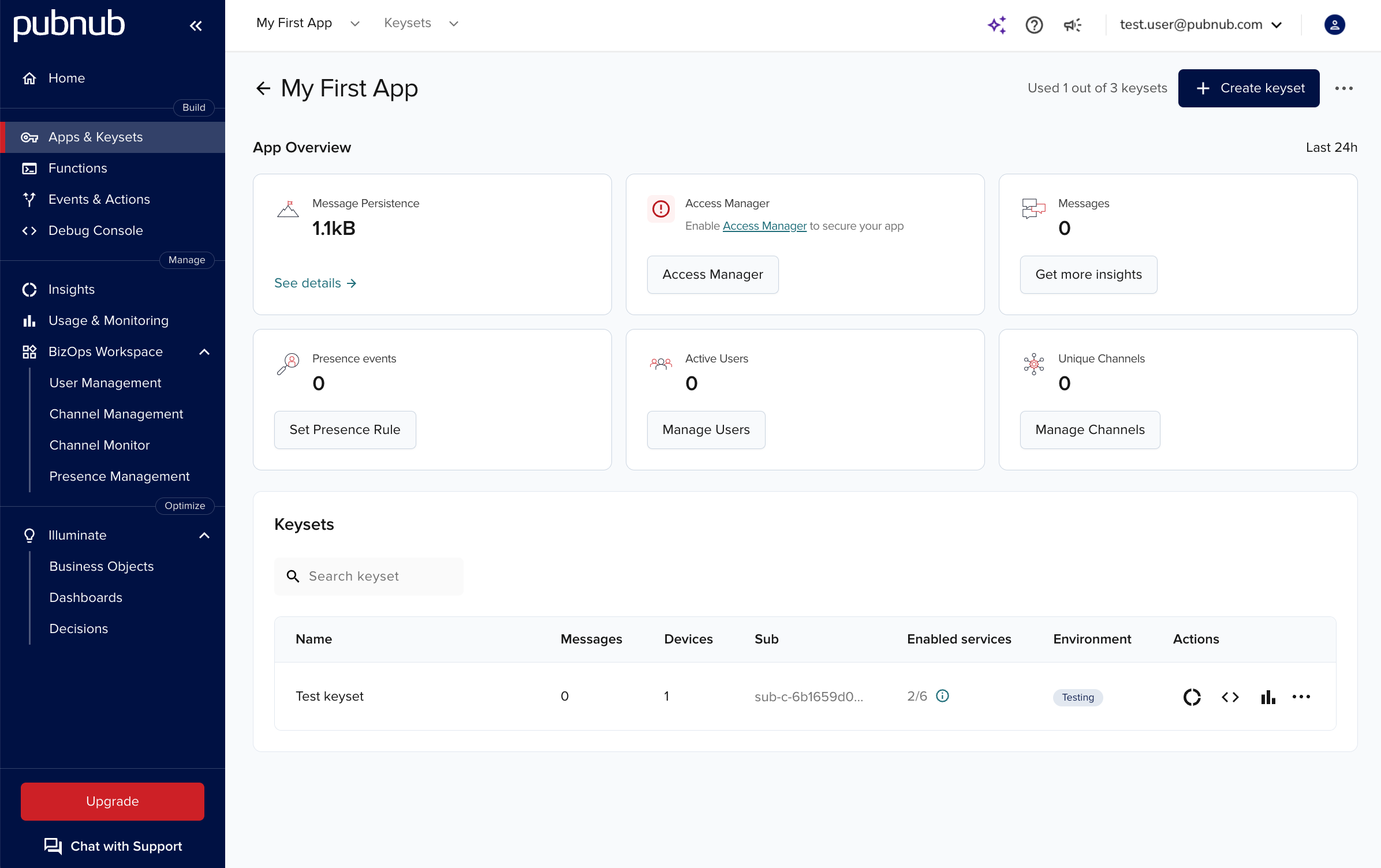 Keysets page with selected app and list of keysets