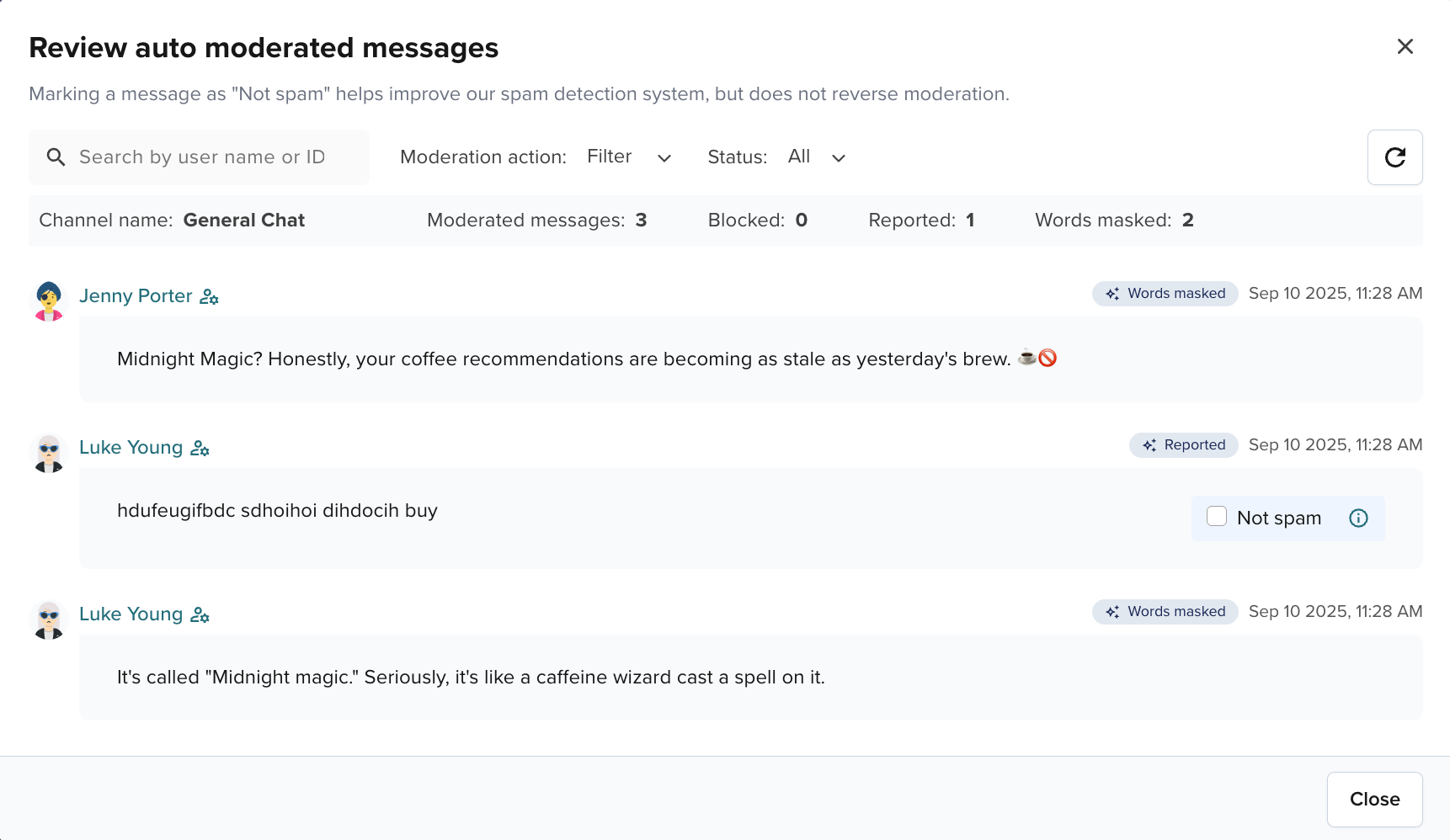 Reported auto moderated messages