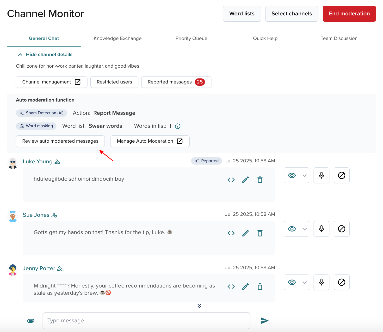Reported auto moderated messages - button